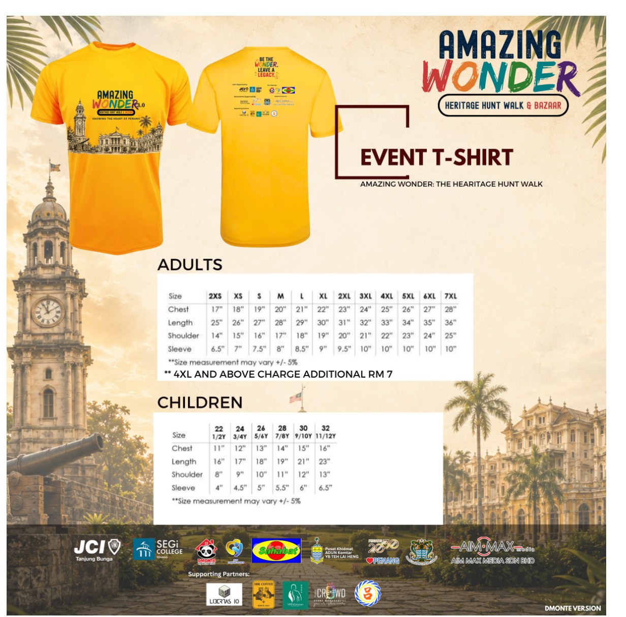 Amazing Wonder 2026 T-shirt size chart — adults and children measurements